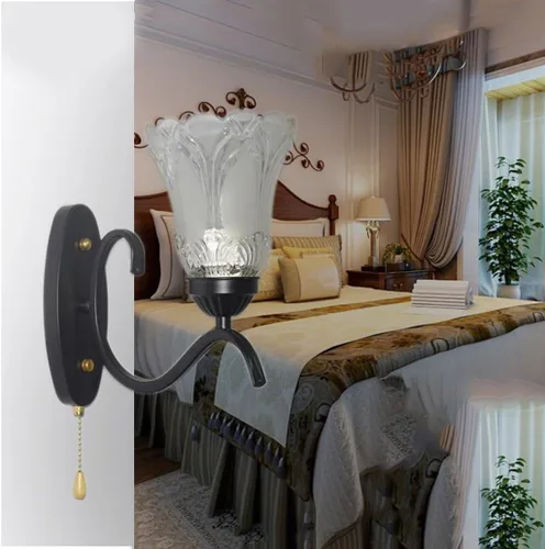Miniatura 6 de Lámpara de pared con interruptor de cadena de tracción E27, lámpara de noche para dormitorio, sala de estar, pantalla de vidrio de metal, moderna