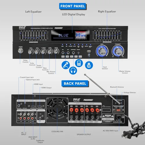 Miniatura 2 de Pyle Amplificador híbrido Bluetooth de 6 canales para el hogar – 1600 W para el hogar de audio estéreo con radio, USB/AUX/RCA/MIC, HD/OPT/COAX