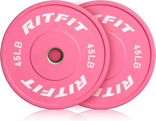 Miniatura 14 de RITFIT Placas de peso rosas, placa de pesas olímpicas de 2 pulgadas, placas de parachoques con inserto de acero, pesas rosas para gimnasio y hogar