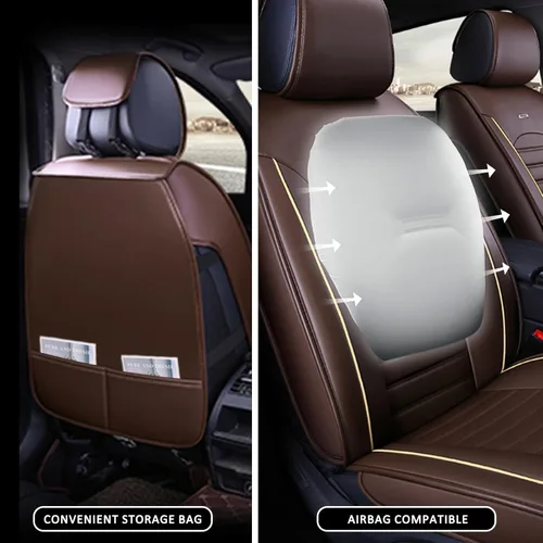 Miniatura 5 de otoez Juego completo de fundas de asiento de automóvil, fundas de asiento de piel sintética de 5 asientos para automóviles, impermeables, Marrón