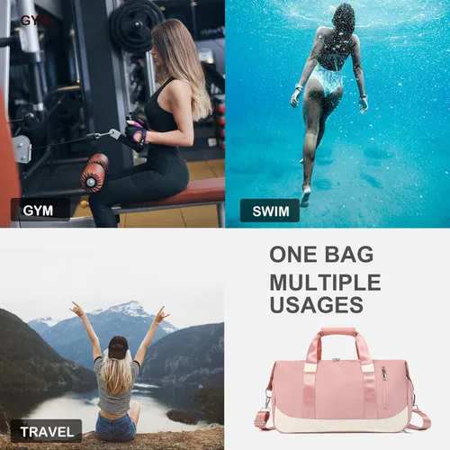 Miniatura 6 de Bolsa deportiva para gimnasio, bolsa de viaje con bolsillo húmedo y compartimento para zapatos, bolsa de fin de semana para mujeres y hombres, Rosado