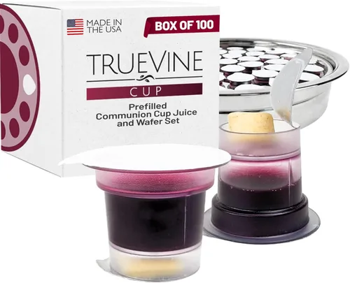 TrueVine Juego de tazas y obleas de comunión superior e inferior, tazas precargadas con pan fresco sin levadura y jugo de uva, cuidadosamente