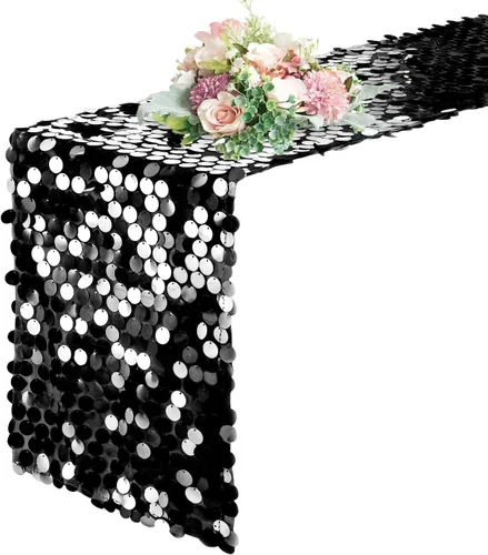 Pufogu Camino de mesa de lentejuelas de 12 x 108 pulgadas, camino de mesa rectangular de lentejuelas grandes con purpurina negra para Halloween,