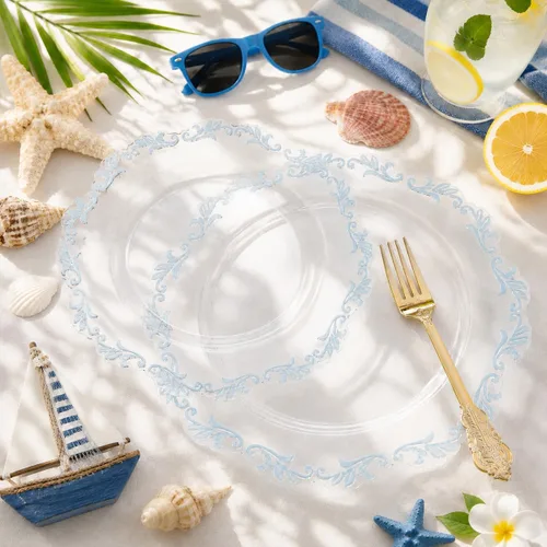 Miniatura 3 de PULOTE Juego de 175 piezas de platos de plástico transparentes y azules - Juego de vajilla desechable con borde azul - Incluye 25 platos de cena, 25
