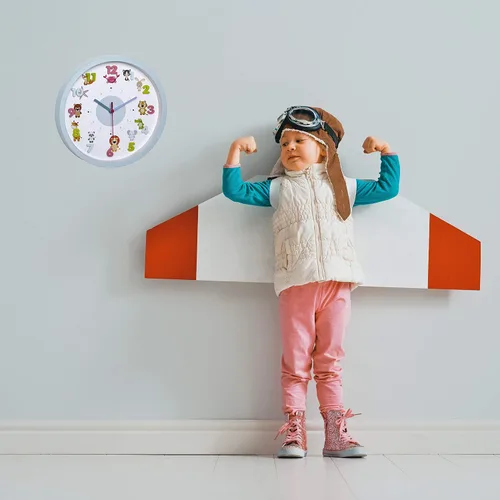 Miniatura 5 de TFA Dostmann Kids - Reloj de pared para niños, 60.3051.14, con motivos de animales, profesor de tiempo, sin tictac de cuarzo Azul claro