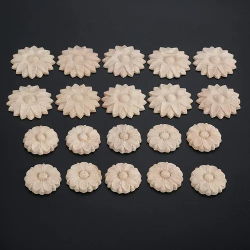 Miniatura 5 de MUXSAM Paquete de 10 rosetas de madera, apliques pequeños onlay, sin pintar, calcomanías redondas de tallado de flores para el hogar, armarios