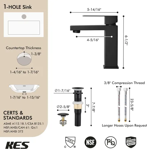 Miniatura 9 de KES Grifo de baño negro de una sola manija y desagüe para lavabo con rebosadero, grifo de lavabo certificado cUPC con tapón de desagüe desplegable
