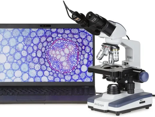 Miniatura 4 de AmScope Serie B120 Microscopio compuesto binocular LED para estudiantes y profesionales - aumento 40X-2500X - Incluye cámara USB de 3MP y cabezal