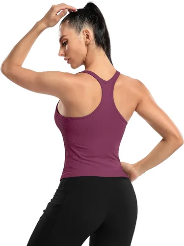 Miniatura 110 de ATTRACO Camiseta corta acanalada de entrenamiento para mujer con brasier integrado para yoga, espalda cruzada, ajuste ajustado