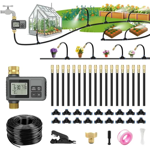 Sistema de riego por goteo de 60 pies con temporizador de agua - Kit de riego automático de jardín con manguera flexible de 360° y boquillas