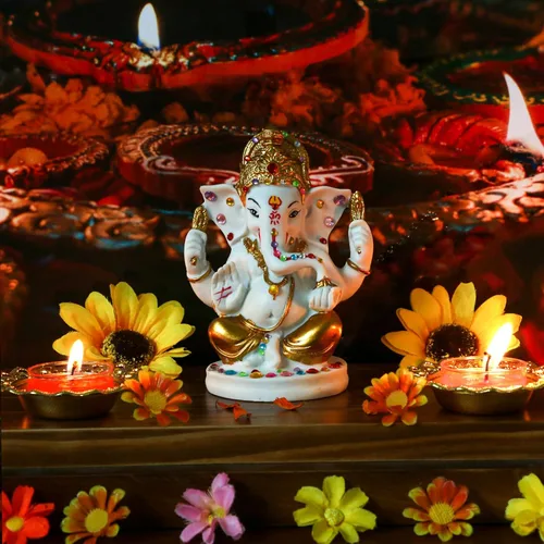 Miniatura 2 de alikiki Estatua de ídolo del señor indio Ganesha – Dios hindú en tono dorado de 5 pulgadas de alto, Ganpati Mandir Diwali Pooja, artículo