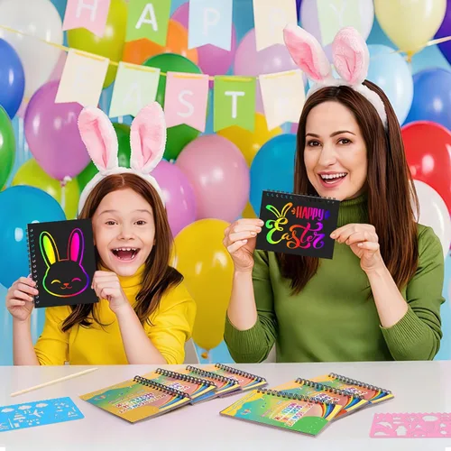 Miniatura 6 de YSCare Artículos de Fiesta de Arte de Rascar para Niños: 16 Pack Cuaderno de Arte de Rascar Arcoíris, Kit de Manualidades y Artesanías, Bolsas