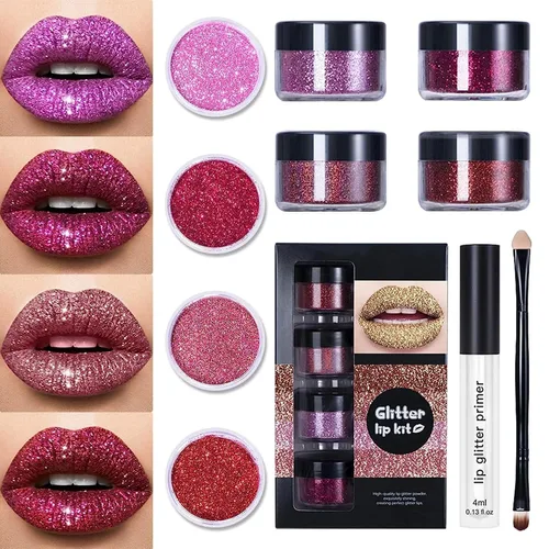 Animakeup Kawaii Kisses - Kit de labios con purpurina de 4 colores, pastel de arándanos, acabado metálico y brillante con base para labios y pincel