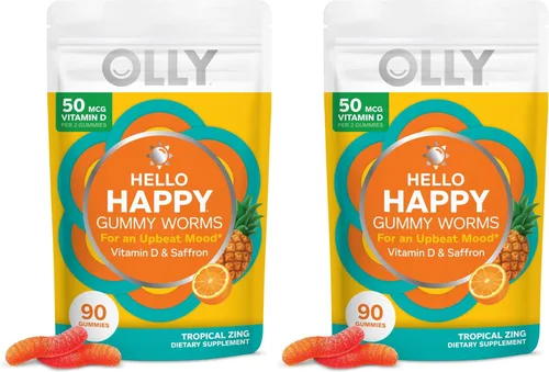 Miniatura 13 de OLLY Hello Happy Gummy Worms, apoyo para el equilibrio del estado de ánimo, vitamina D, azafrán, suplemento masticable para adultos, zing tropical
