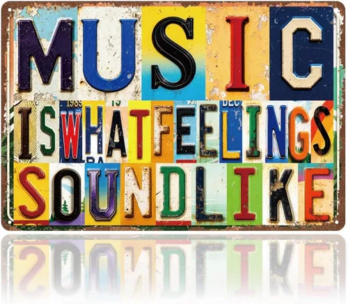 WADORN Letrero de metal vintage inspirador con música, 8 x 12 pulgadas, con texto en inglés "Music Is What Feelings Sound Like Retro", divertido