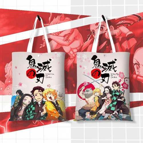 Miniatura 2 de Crazy Escape Plan Anime Demon Slayer Canvas Tote Bag Tanjirou Nezuko Handbag Double-Sided Printing Bag Shoulderbag