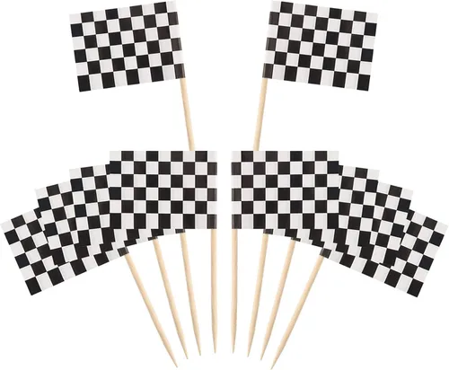 Pangda Paquete de 100 banderas de coches de carreras a cuadros, palillos de dientes, decoración de cupcakes, palillos de dientes, banderas de cena,