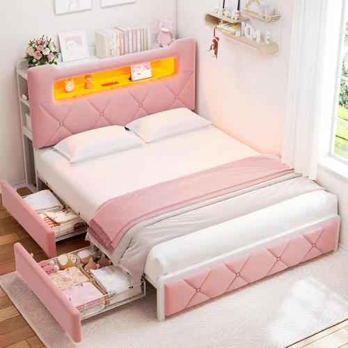 Miniatura 9 de Base de cama LED tapizada tamaño Queen con 2 cajones de almacenamiento y cabecera de almacenamiento de 2 niveles, cama de plataforma de terciopelo