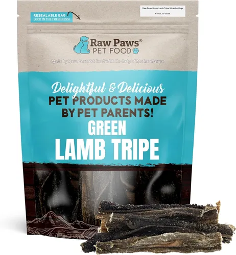 Raw Paws Palitos de tripa de cordero verde para perros (25 unidades) – Un solo ingrediente, alimentado con pasto y corral libre – Golosinas