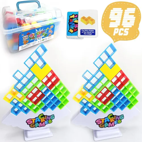 ALKISTA Juego de bloques de equilibrio Tetra Tower de 96 piezas, juegos de mesa para 2 jugadores+juegos familiares, fiestas, viajes, niños y