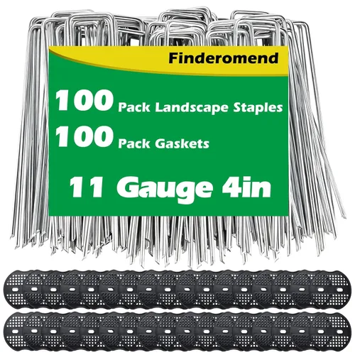 Paquete de 100 grapas de paisaje y paquete de 100 juntas, grapas de jardín de acero galvanizado de calibre 11 de 4 pulgadas con almohadillas negras,