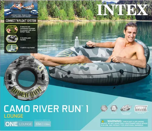 Miniatura 4 de Intex 56835EP River Run I - Balsa inflable remolcable de agua flotante con portavasos y asas para río, lago o piscinas, camuflaje gris (paquete de 4)
