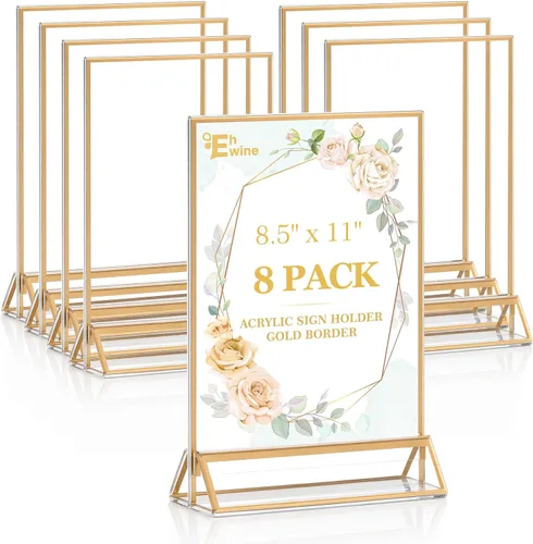 Miniatura 14 de EHWINE Paquete de 12 soportes acrílicos para letreros de 5 x 7 pulgadas, soporte de marco de oro de doble cara, soportes de letreros de mesa