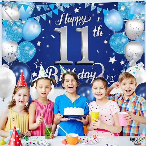 Miniatura 2 de KatchOn, Cartel de feliz cumpleaños número 11 azul y plateado, grande, 72 x 44 pulgadas, telón de fondo de cumpleaños número 11 para decoraciones
