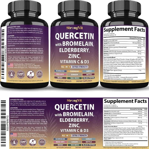 Miniatura 8 de StrongVit Quercetina con bromelina, saúco, vitamina C, D3 y zinc. Suplemento de apoyo súper inmunológico. Complejo orgánico para hombres y mujeres