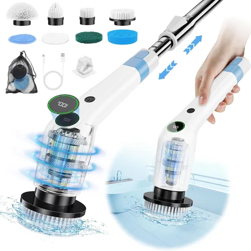 Miniatura 8 de PUFTEM Cepillo Eléctrico Giratorio, Limpiador de Ducha Inalámbrico con 8 Cepillos de Fregar, 2 Velocidades con Mango de Extensión Ajustable