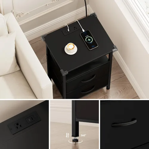 Miniatura 6 de Vagusicc Nightstand with Charging Station, End Table Bedside Table with 2 Fabric Drawers, Black Night Stand with USB Ports & Outlets, 24.2" Tall Bed