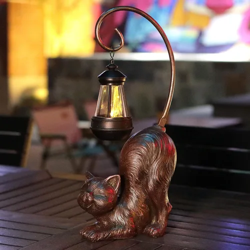 Miniatura 4 de Figura de gato riendo con luz LED alimentada por energía solar, 15.7 pulgadas de alto en bronce antiguo, perfecta para regalo, decoración de jardín