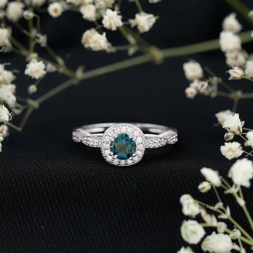 Miniatura 2 de Anillo de compromiso con halo de diamantes de topacio azul londinense certificado, calidad AAA, anillo de diamantes de topacio azul natural