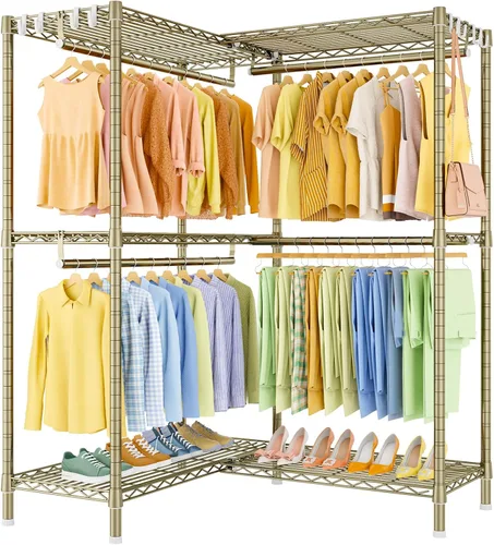 Miniatura 20 de ULIFHOME E15 - Perchero en forma de L para esquina, perchero independiente para colgar ropa, organizador de armario resistente con 4 varillas