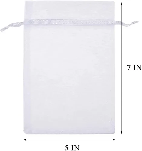 Miniatura 2 de 100 piezas de bolsas de regalo de 5x7 pulgadas, tela de organza transparente y clara, bolsitas blancas con cordón para regalos de baby shower, Blanco