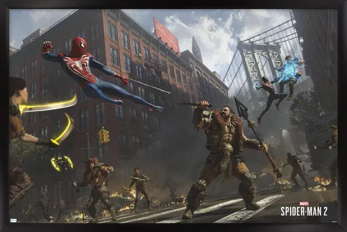Trends International Marvel's Spider-Man 2 - Póster de pared de lucha callejera con Kraven, 14.72 x 22.37 pulgadas, versión enmarcada en negro