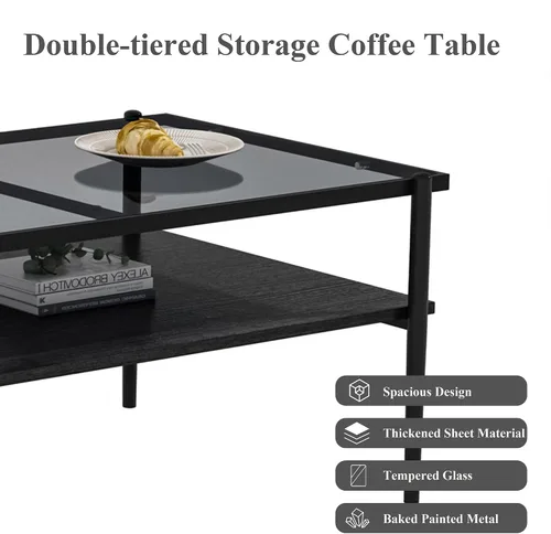 Miniatura 4 de Mesa de centro moderna rectangular con tapa de vidrio templado con estante de madera para el hogar, sala de estar, oficina, tienda o dormitorio