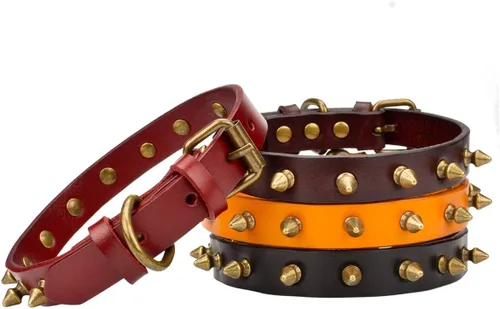 Miniatura 3 de Collar de cuero vacuno genuino ajustable para gatos y cachorros de perro, A-ROJO
