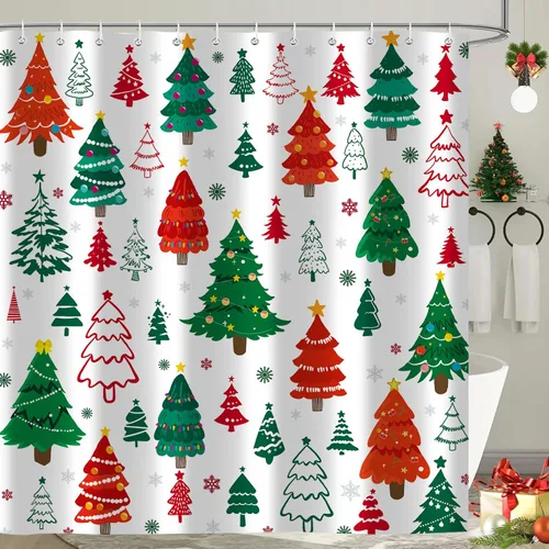 Miniatura 14 de Cortina de ducha de Feliz Navidad, trineo de Papá Noel, reno, copo de nieve, vacaciones, cuadros rojos y verdes, juego de cortinas de ducha