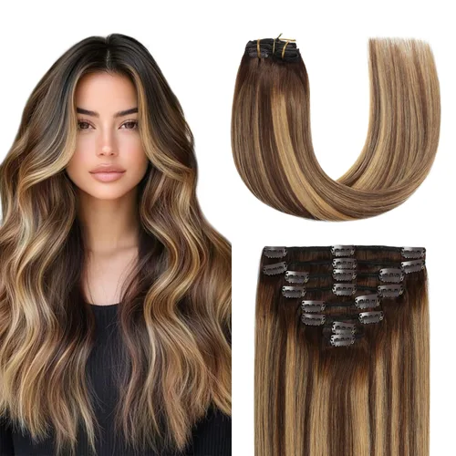 Miniatura 8 de Sunya Extensiones de cabello humano real con clip, color negro azabache, doble trama, lacio, 12 pulgadas, #1, 8 unidades, 3.53 oz