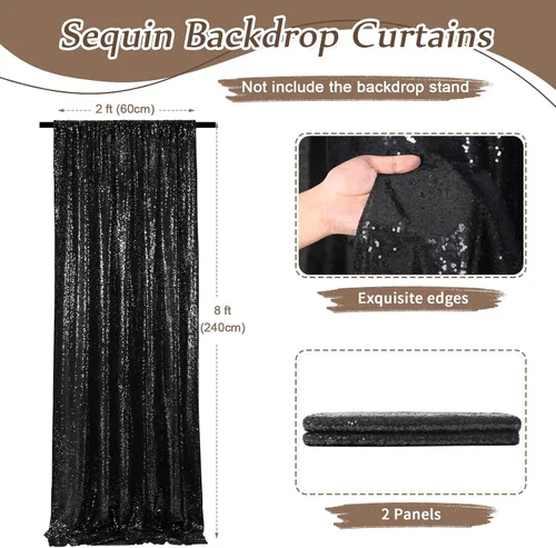 Miniatura 3 de Cortinas de Fondo Negras con Lentejuelas para Fiestas 2 Piezas 2 pies x 8 pies, Cortina de Fondo para Fiestas, Telón de Fondo para Fotografías sin