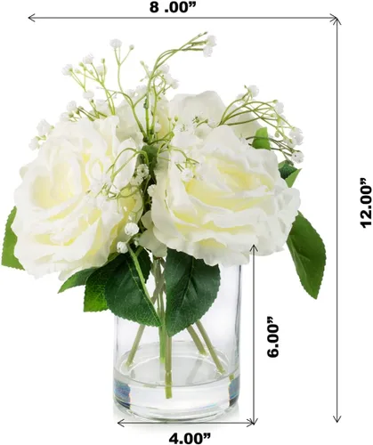Miniatura 5 de ENOVA FLORAL Flores artificiales de rosa de seda grandes en jarrón, rosas falsas blancas con jarrón y agua sintética para centros de mesa de boda