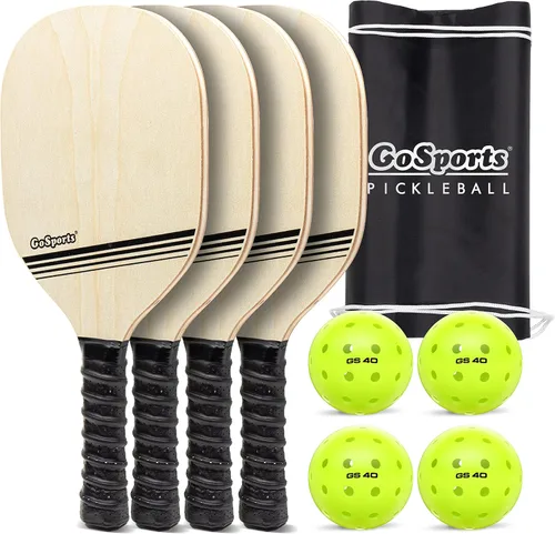 GoSports Juego de Pickleball - Clásico, Retro, Azul Acero, o Amarillo - Incluye 4 Palas, 4 Pickleballs de Regulación y Estuche de Transporte | 4