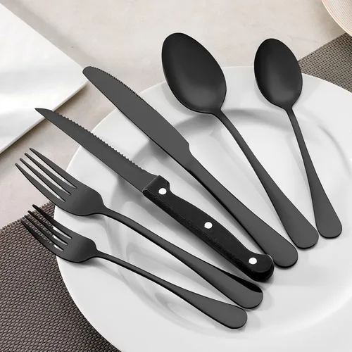 Miniatura 7 de Juego de 24 cubiertos negros de tenedores y cucharas de acero inoxidable de grado alimenticio para cocina y restaurante, 12 tenedores de cena