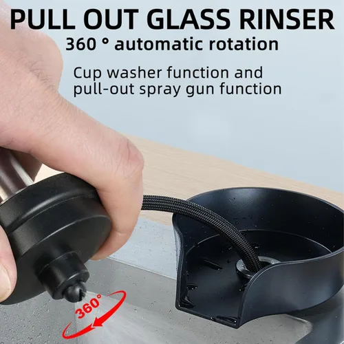 Miniatura 9 de Enjuagadora de vidrio para fregadero de cocina, enjuague de vidrio con rociador extraíble, grifo giratorio de alta presión de 360°, enjuague de Negro