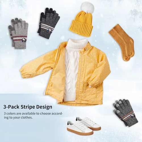 Miniatura 7 de AOTOW Guantes de punto cálidos de invierno para niños 3 pares de guantes de algodón para pantalla táctil guantes para niños para correr deportes