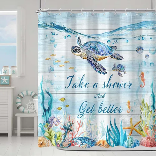 Cortina de Ducha de Tortugas Marinas, Cortina de Baño Temática del Océano de Coral y Estrellas de Mar, Decoración de Baño de Vida Marina Submarina