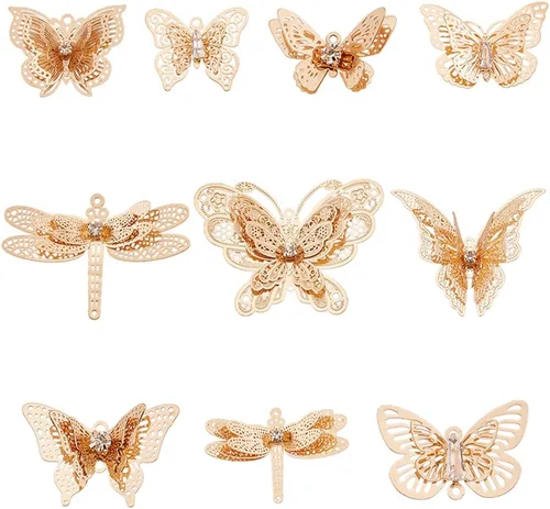 Miniatura 10 de SUNNYCLUE 1 caja de 10 dijes de filigrana de mariposa de 1.339 x 1.024 in, 3 capas de diamantes de imitación de filigrana hueca para manualidades