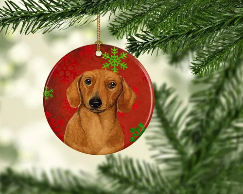 Miniatura 2 de Caroline's Treasures Dachshund copos de nieve rojos y verdes, adorno de cerámica de Navidad para colgar en el árbol de Navidad, decoración