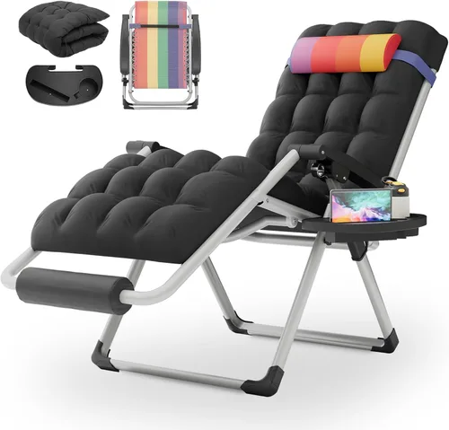 Miniatura 18 de MoNiBloom Silla reforzada de gravedad cero, tumbona plegable para piscina y playa, tumbona de bronceado portátil con cojín, reposacabezas y bandeja